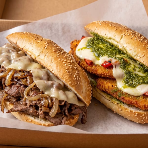 Two delicious sandwiches in a cardboard box, one with steak and cheese, the other with chicken and pesto.