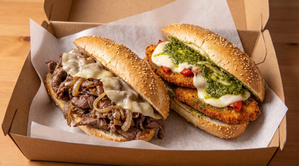 Two delicious sandwiches in a cardboard box, one with steak and cheese, the other with chicken and pesto.