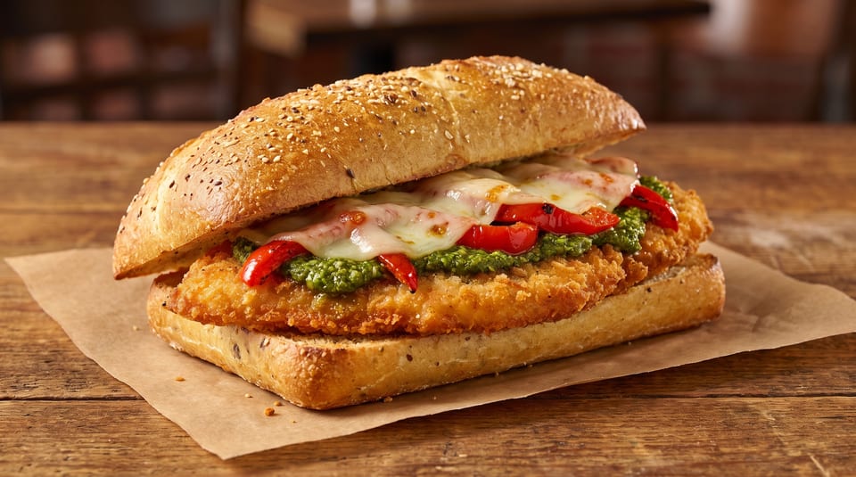 Crispy chicken sandwich with melted cheese, red peppers, and pesto on a seeded baguette.