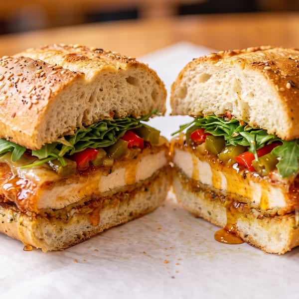 A crispy chicken sandwich, cut in half, with arugula, peppers, and sauce on a sesame seed bun.