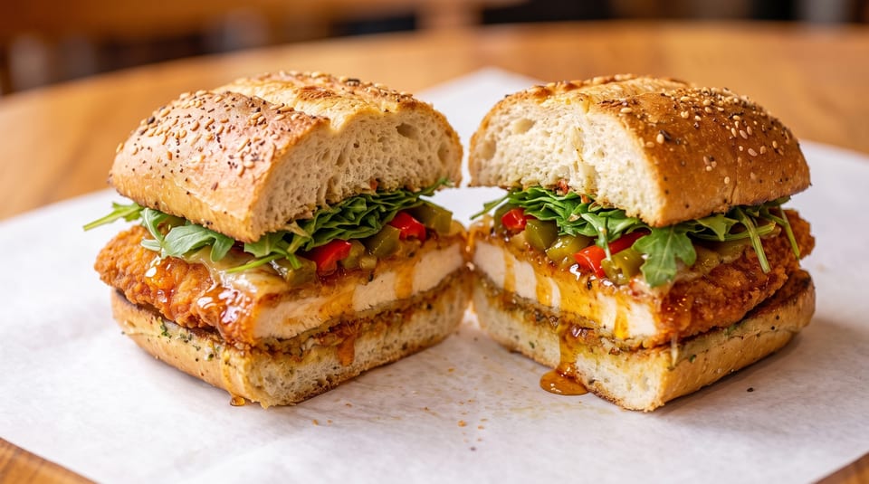 A crispy chicken sandwich, cut in half, with arugula, peppers, and sauce on a sesame seed bun.