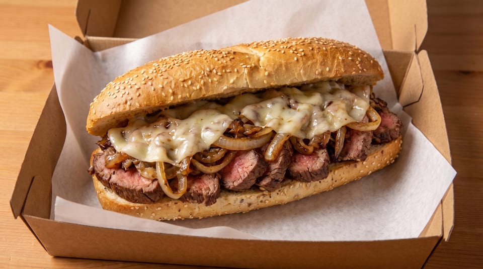 A steak and cheese sandwich with caramelized onions on a sesame seed bun in a takeout box.