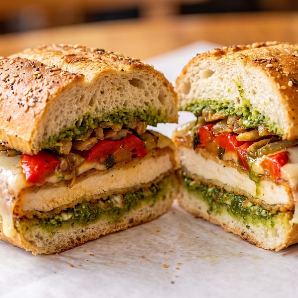 Chicken cutlet sandwich with melted cheese, roasted red peppers, onions, and pesto on a seeded roll.