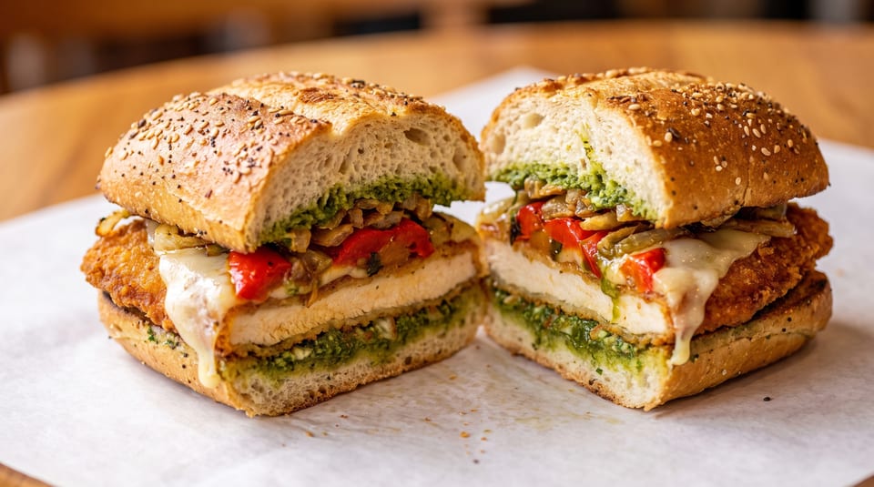 Chicken cutlet sandwich with melted cheese, roasted red peppers, onions, and pesto on a seeded roll.
