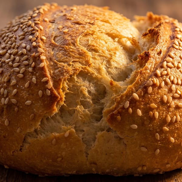Freshly baked round loaf of bread with a golden crust and sesame seeds on a wooden surface.