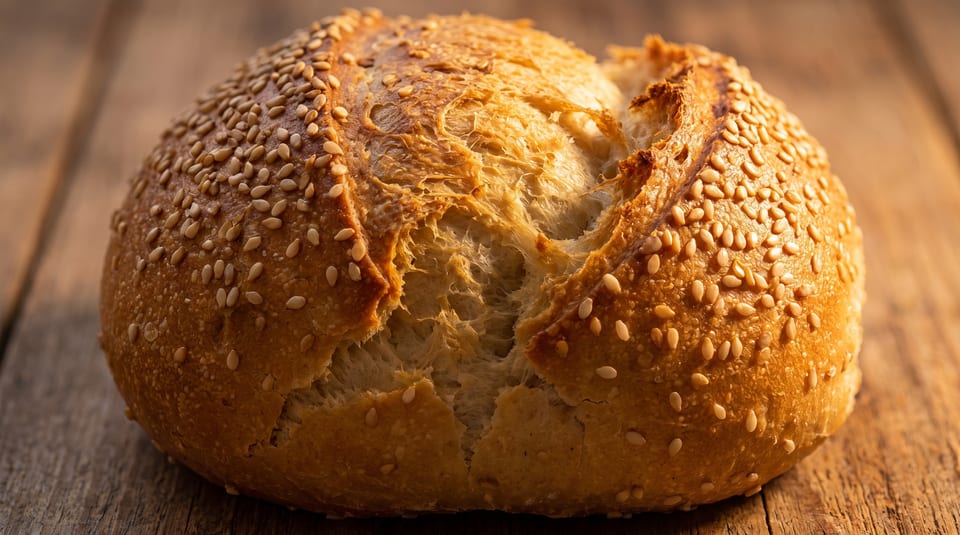Freshly baked round loaf of bread with a golden crust and sesame seeds on a wooden surface.