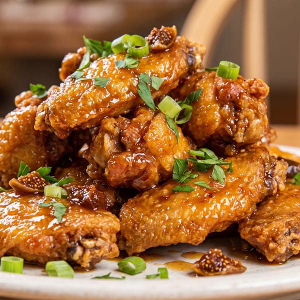 A plate of crispy, glazed chicken wings garnished with chopped green onions and figs.