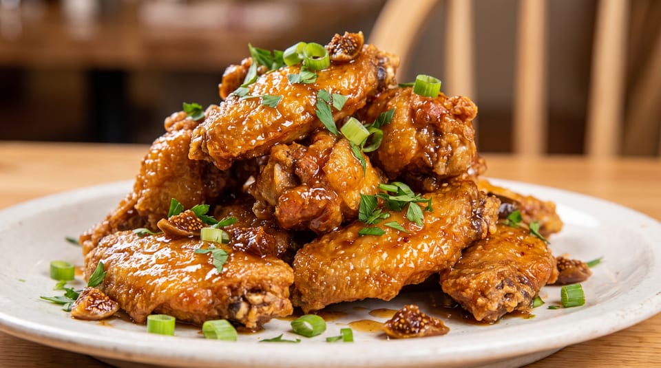A plate of crispy, glazed chicken wings garnished with chopped green onions and figs.