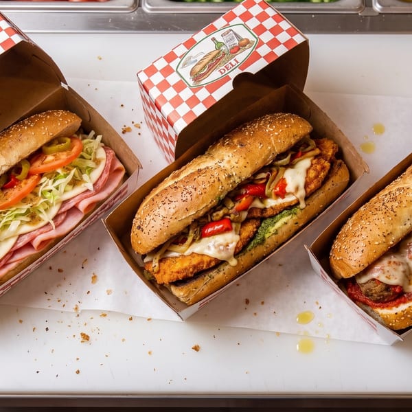 Three deli sandwiches in checkered boxes: a cold cut, a chicken cutlet, and a meatball sub.