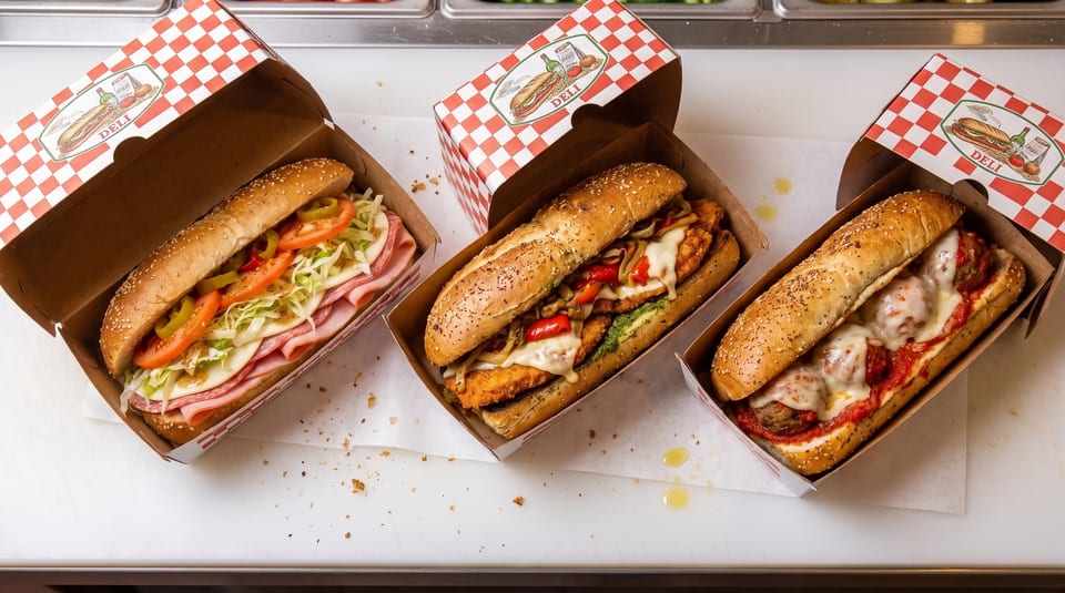 Three deli sandwiches in checkered boxes: a cold cut, a chicken cutlet, and a meatball sub.