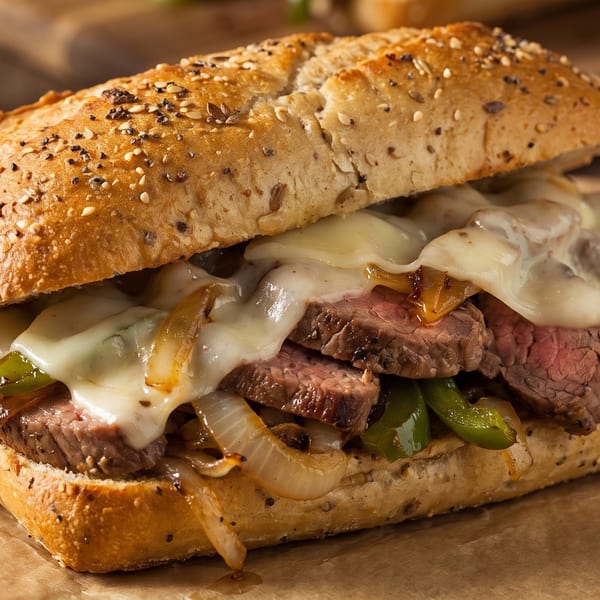 Cheesesteak sandwich with steak, melted cheese, grilled onions, and green peppers on a seeded roll.