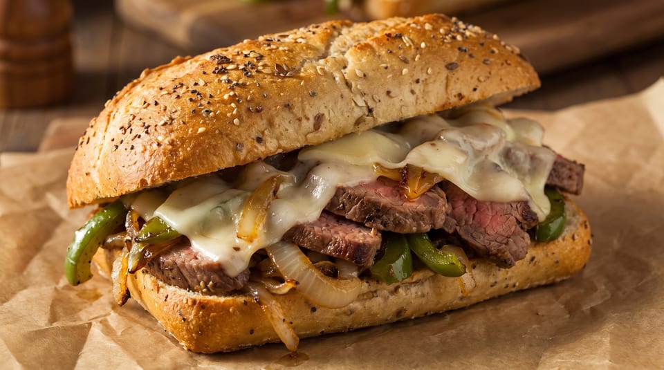 Cheesesteak sandwich with steak, melted cheese, grilled onions, and green peppers on a seeded roll.