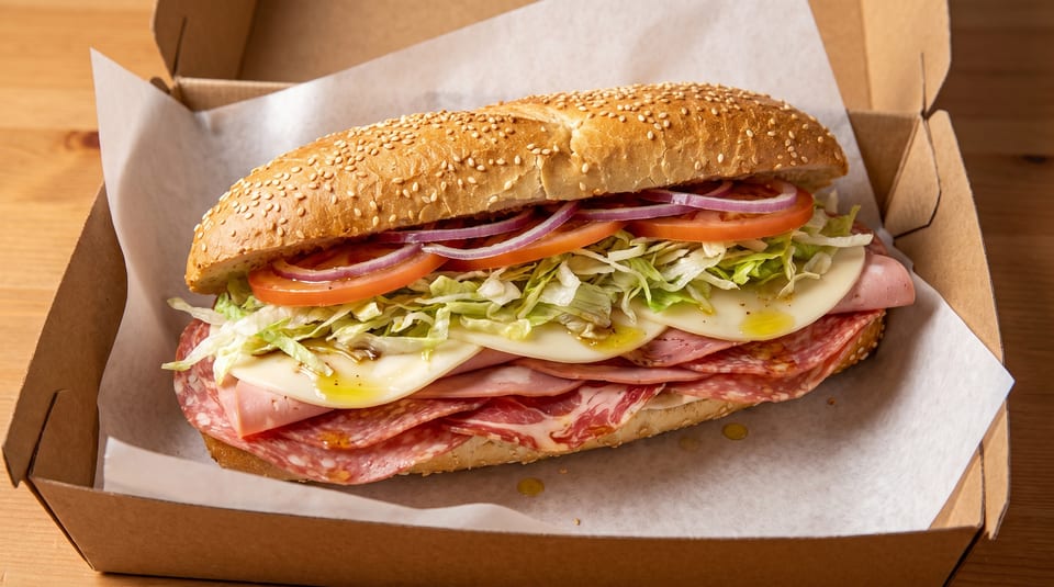 A large deli sub sandwich with various meats, cheese, lettuce, tomatoes, and onions in a box.