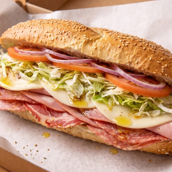 A delicious Italian sub sandwich with various meats, cheese, lettuce, tomatoes, and onions.