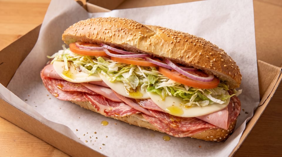 A delicious Italian sub sandwich with various meats, cheese, lettuce, tomatoes, and onions.