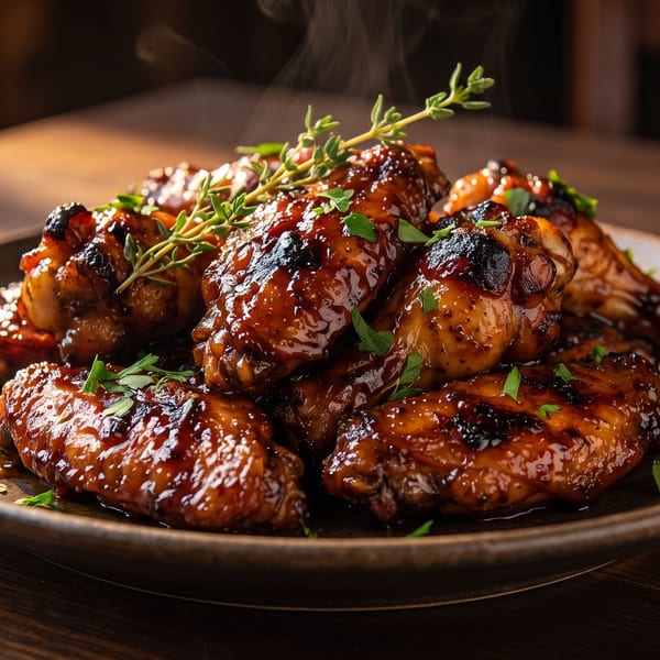Steaming hot, glazed chicken wings garnished with fresh herbs on a rustic plate.