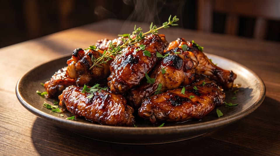Steaming hot, glazed chicken wings garnished with fresh herbs on a rustic plate.